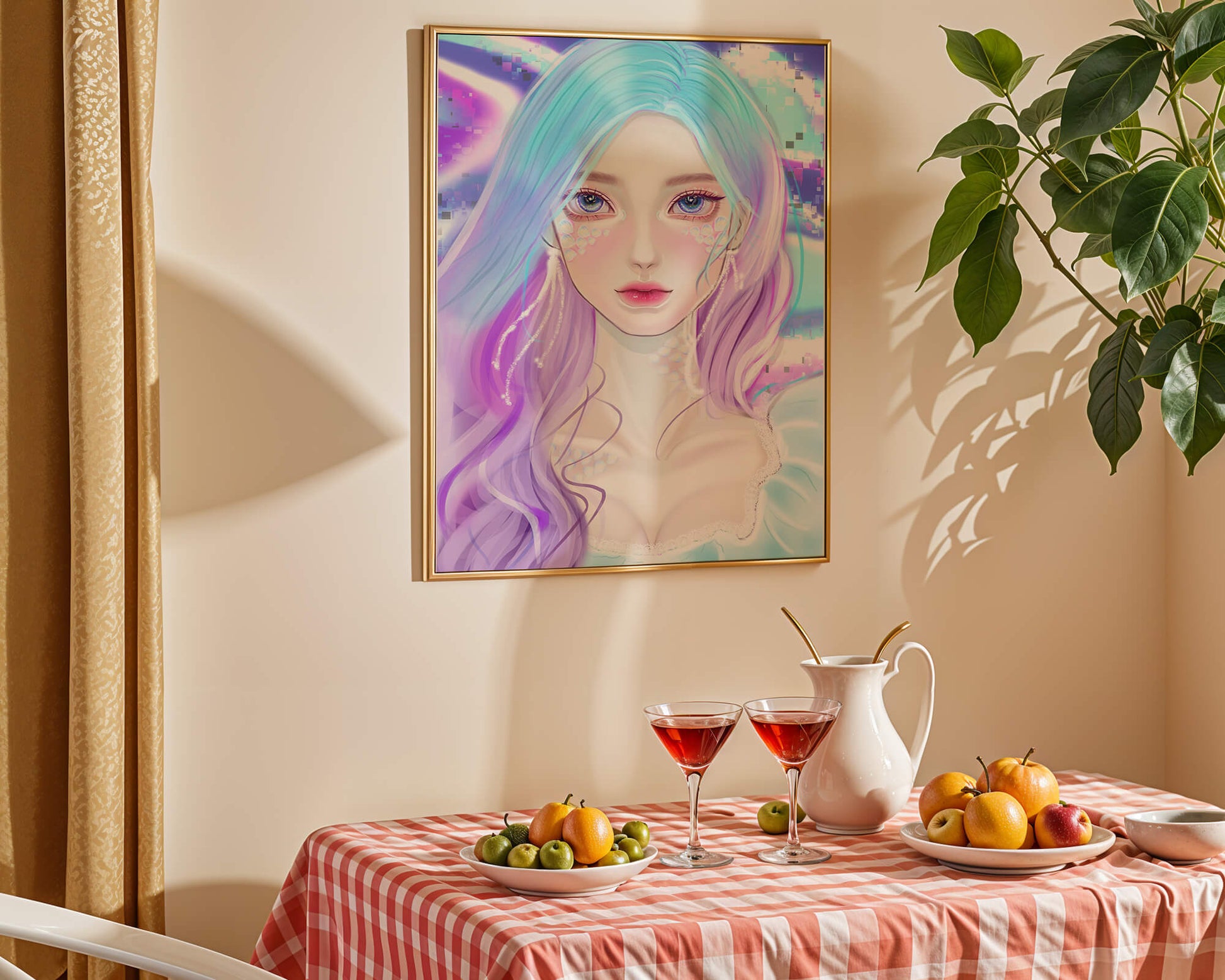 Fantasy portrait of a woman with pastel hair and vibrant features