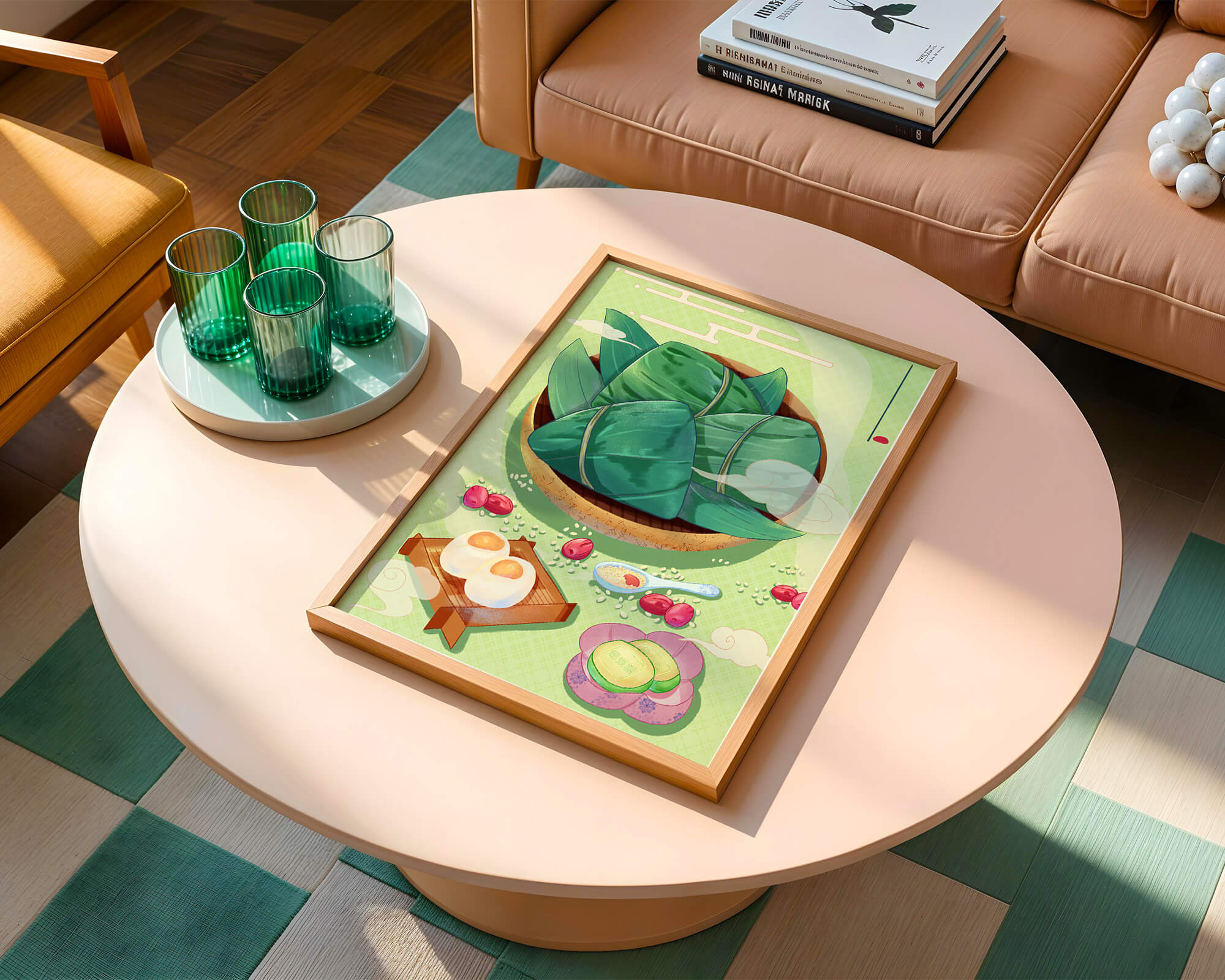 Traditional Asian food illustration with rice dumplings and mooncakes on a green background