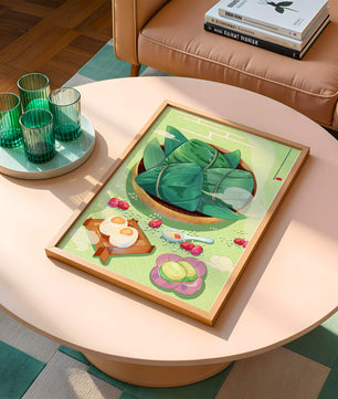 Traditional Asian food illustration with rice dumplings and mooncakes on a green background