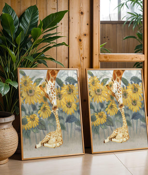 Pintura acuarela de jirafas y girasoles en una escena tierna de una familia de jirafas