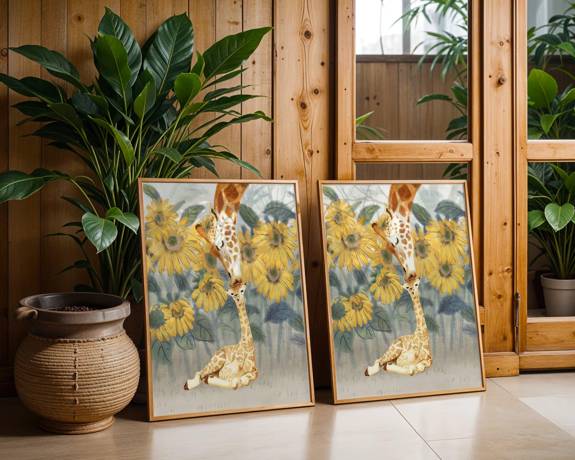 Giraffe and sunflowers watercolor painting of tender giraffe family scene