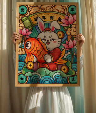 Festive rabbit holding golden fish with lotus flowers and waves in a traditional design
