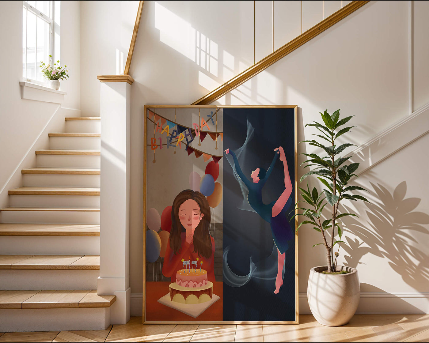 Birthday celebration illustration with cake and dancing figure