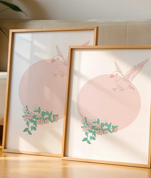 Pájaro pastel con elementos florales en estilo minimalista
