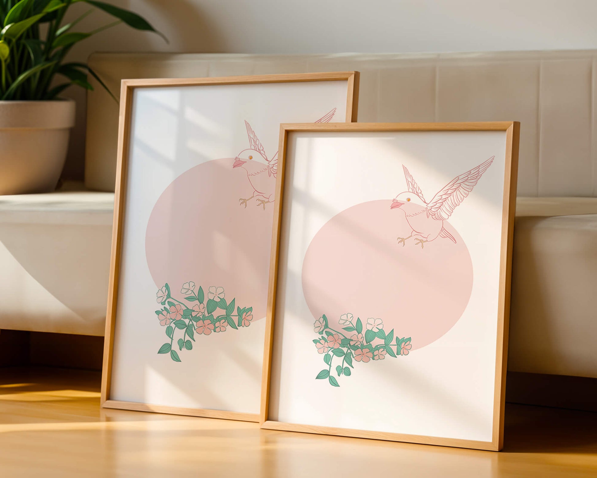 Pájaro pastel con elementos florales en estilo minimalista