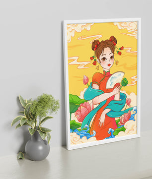 Ilustración oriental que presenta a una chica con atuendo tradicional, un abanico y flores de loto