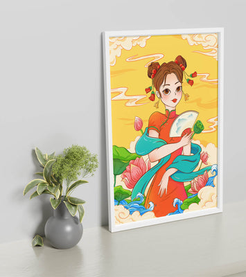 Oriental illustration featuring a girl in traditional attire with a fan and lotus flowers