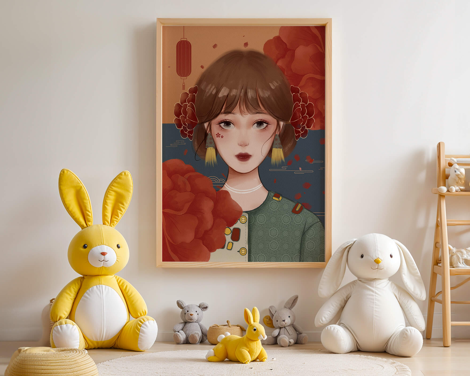 Illustration of a woman adorned with floral elements and traditional accessories