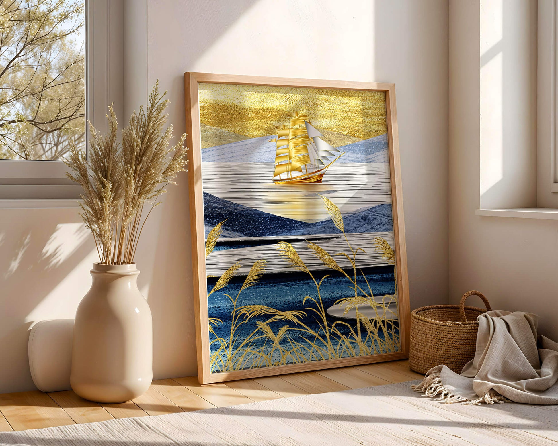 Golden Sailboat on Blue and Gold Landscape
