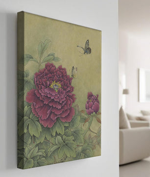 Delicate peonies with butterflies in a serene natural setting