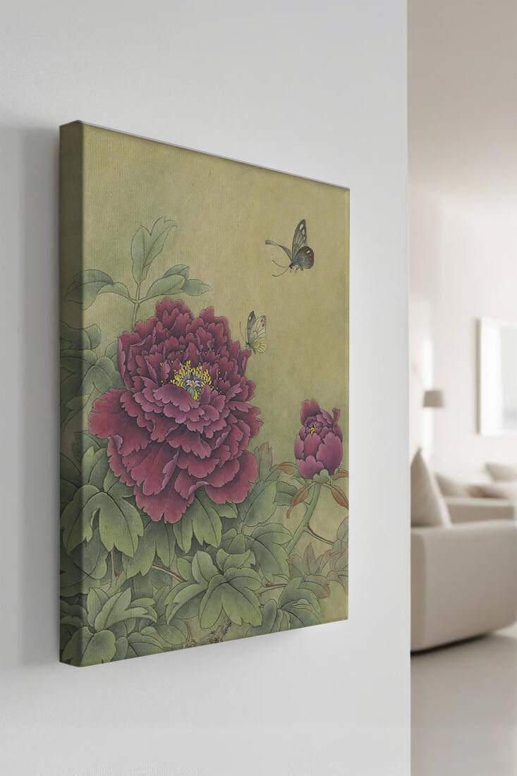 Delicate peonies with butterflies in a serene natural setting