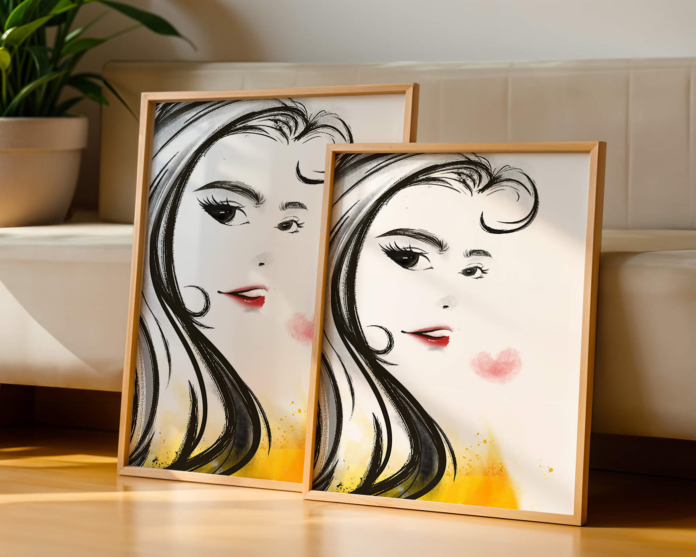 Elegant portrait sketch with red lips and a heart motif