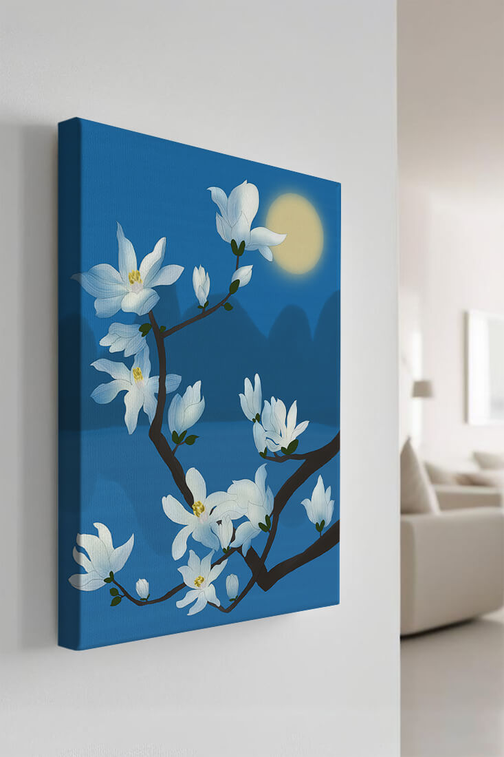 White magnolia branch under moonlight with blue background