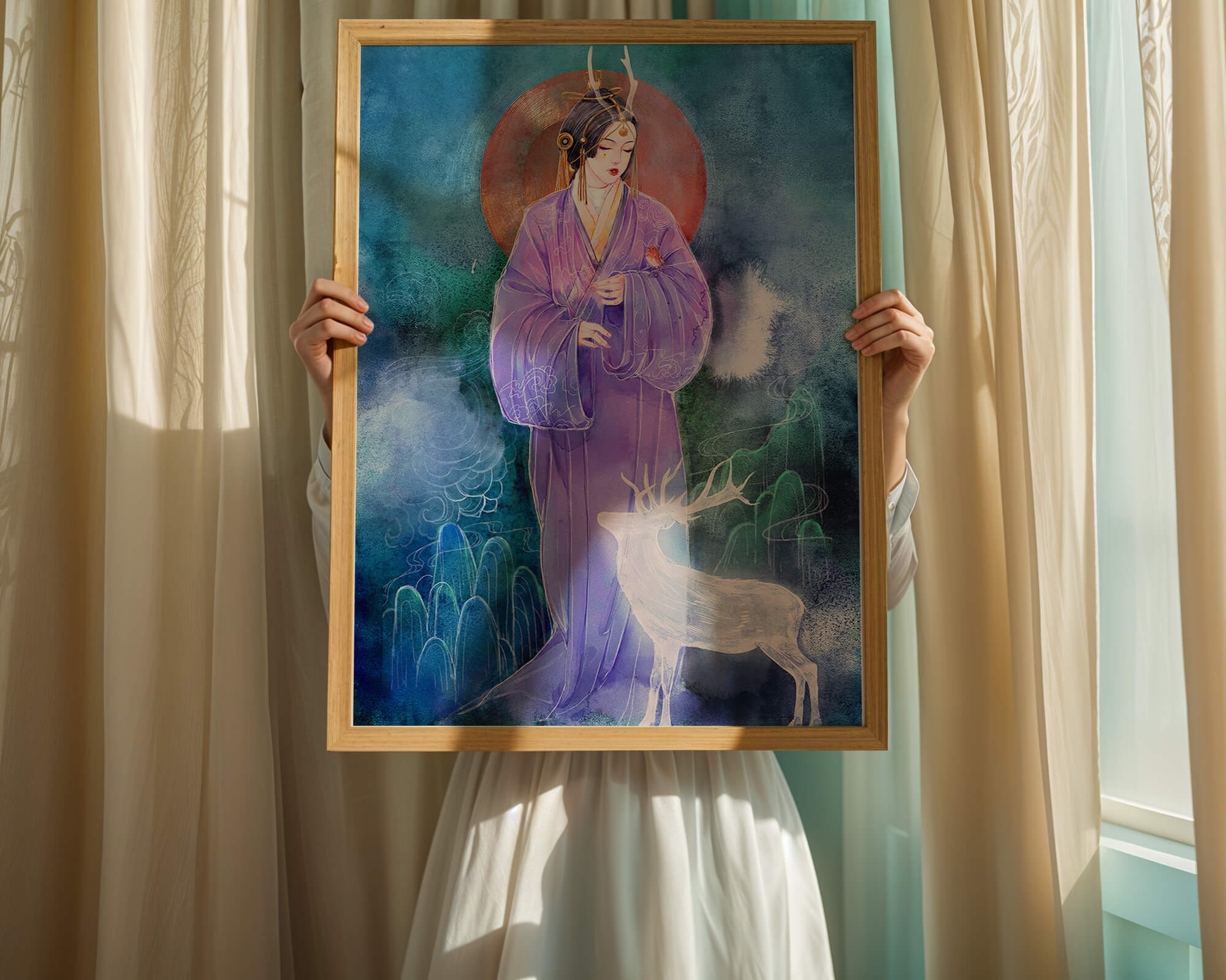 Elegant woman in traditional attire with a mystical deer set against a serene backdrop