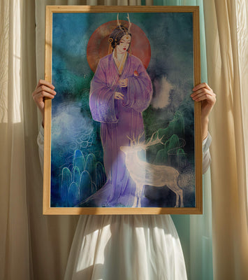 Elegant woman in traditional attire with a mystical deer set against a serene backdrop