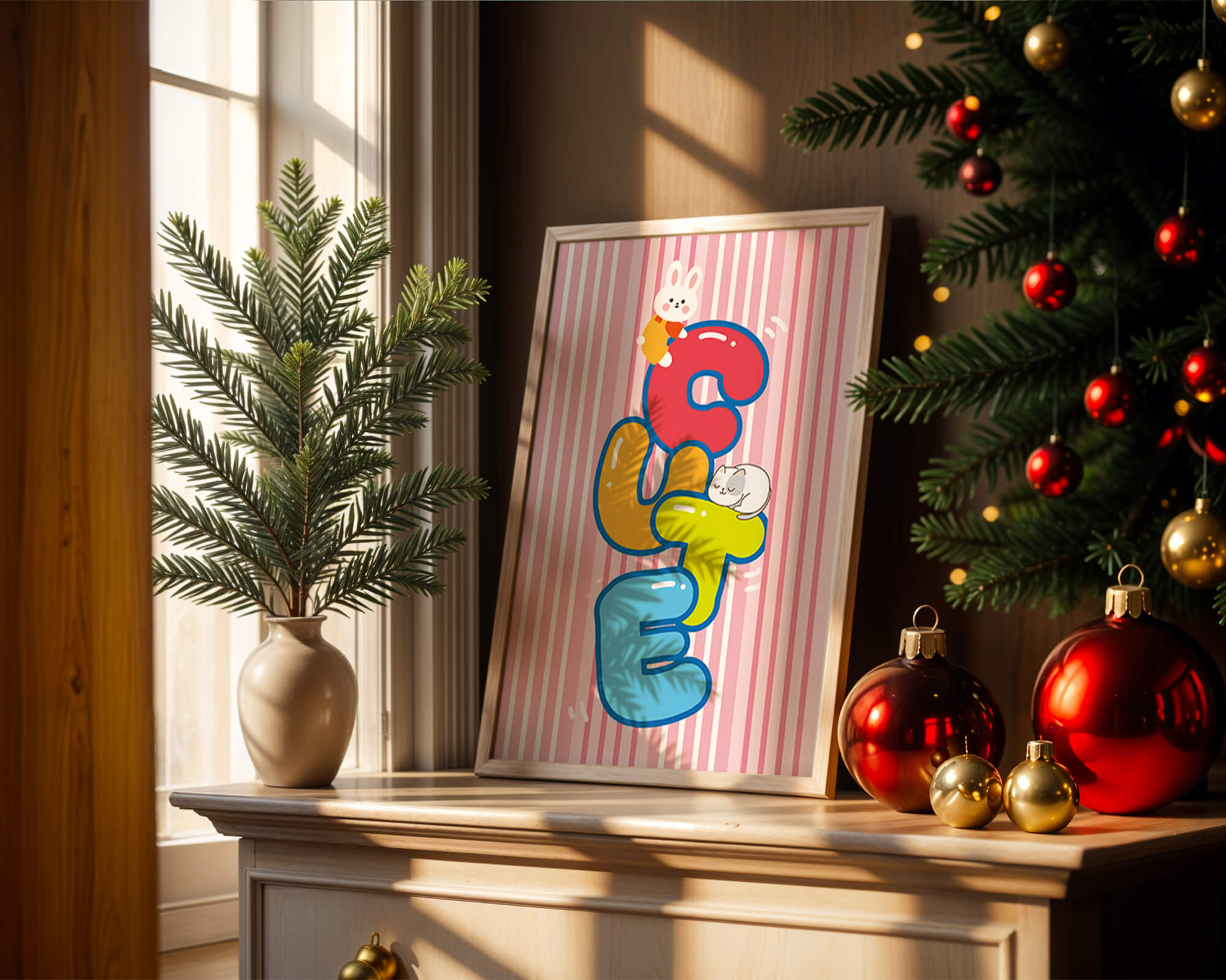 Playful cute illustration with bunny and kitten on colorful letters
