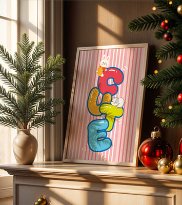 Playful cute illustration with bunny and kitten on colorful letters