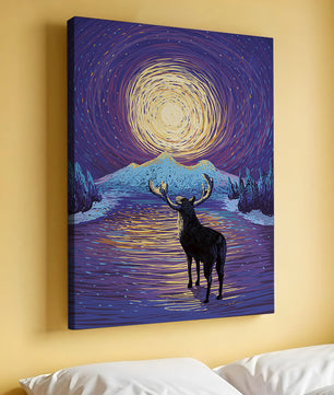 Moose Under Starry Night Sky with Radiant Moon