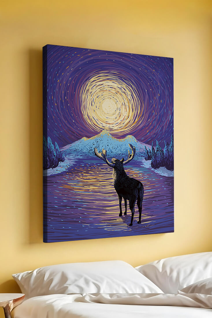 Moose Under Starry Night Sky with Radiant Moon