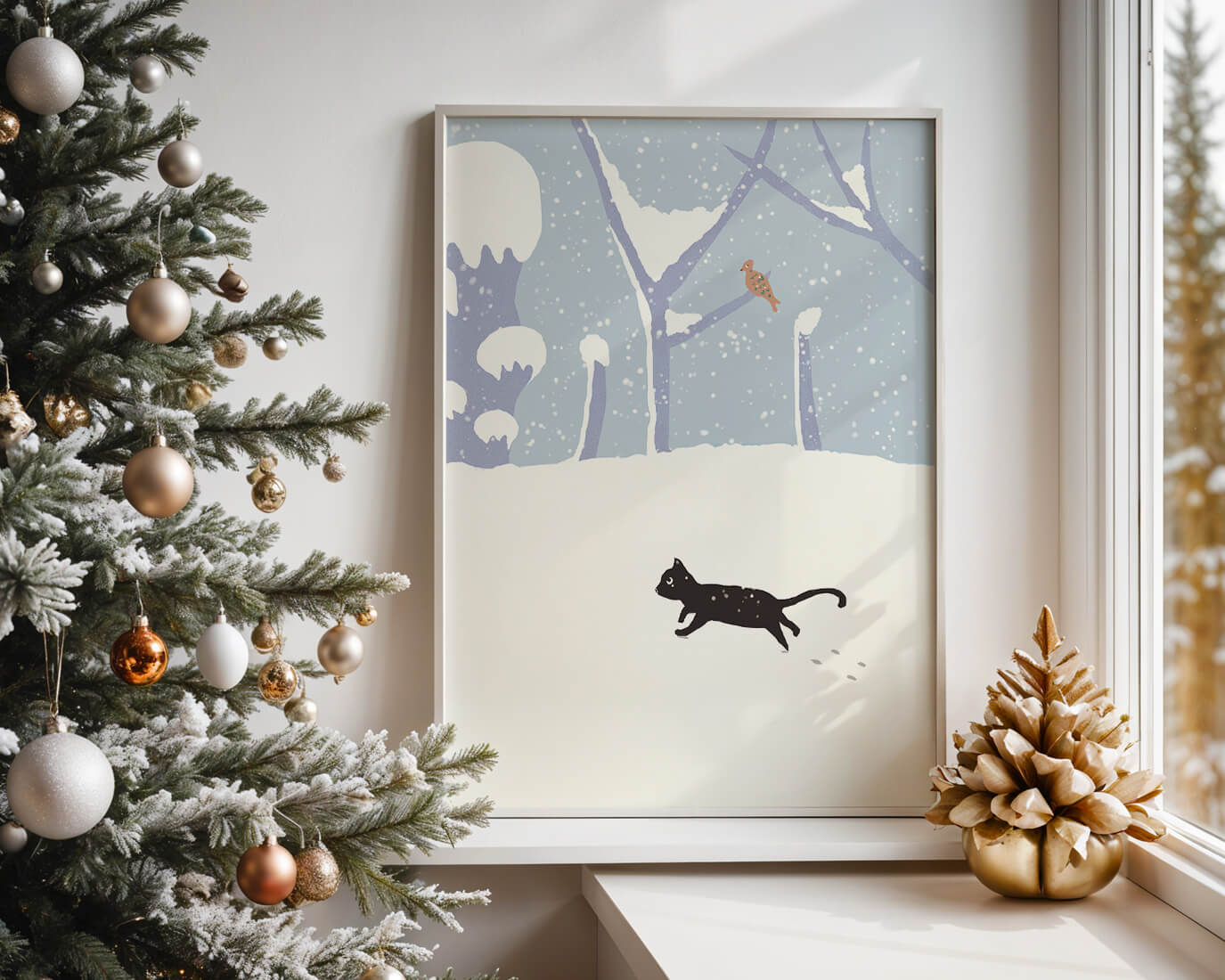 Illustrated snowy landscape with playful black cat and bird in winter scenery
