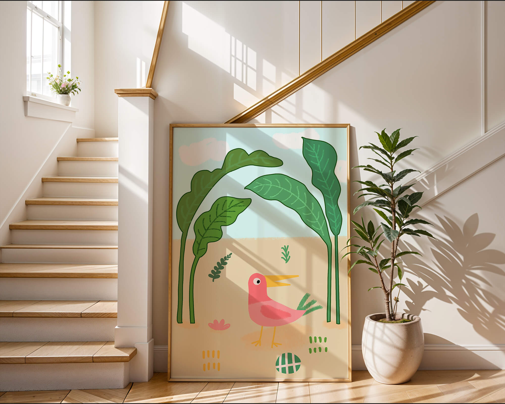 Colorful bird with large leaves and playful design