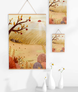 Autumn landscape illustration with apple tree and sunrise in a serene field
