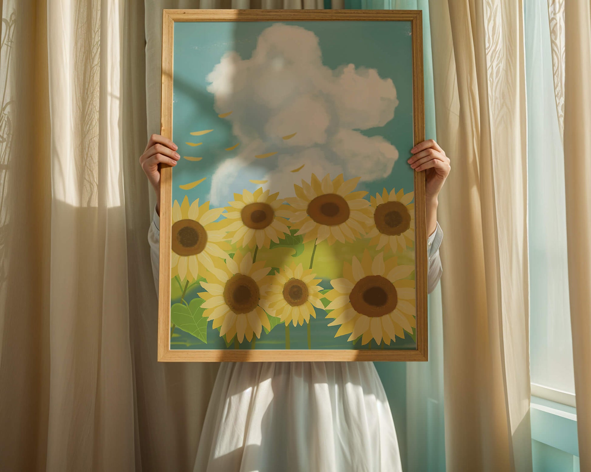Girasoles en un prado brillante con cielo azul y nubes