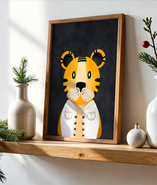 Illustration of cute cartoon tiger character in stylish outfit on dark background