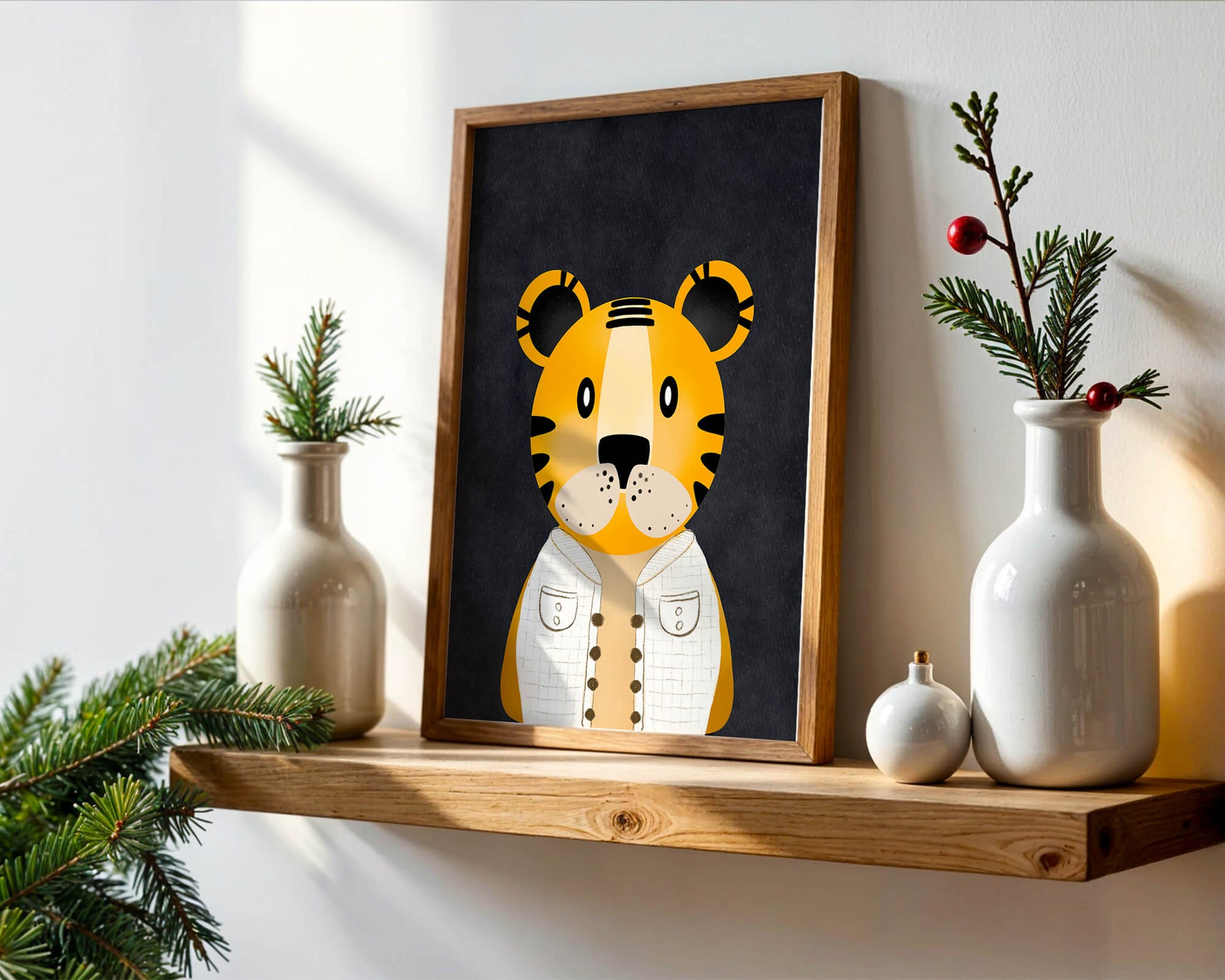 Illustration of cute cartoon tiger character in stylish outfit on dark background