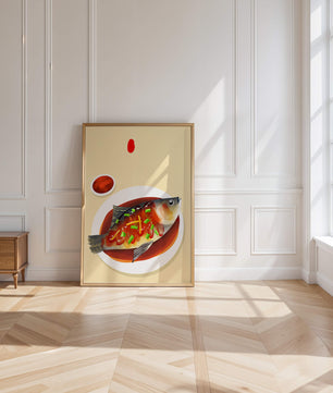Illustration of a colorful fish dish with garnish