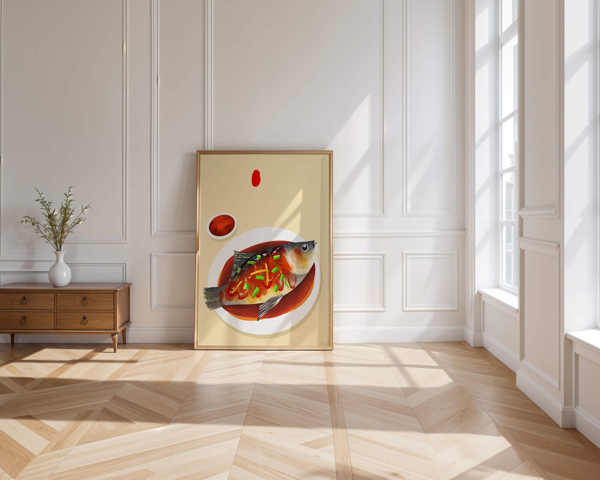 Illustration of a colorful fish dish with garnish