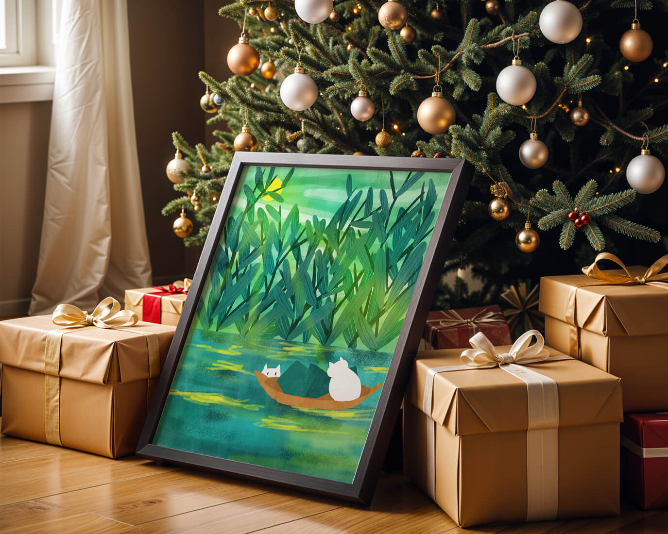 Serene landscape with cats on a boat in lush greenery
