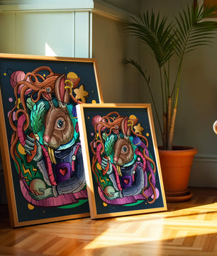 Ilustración abstracta colorida de un conejo en el espacio con pulpo, planetas y zanahoria