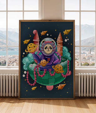 Whimsical space panda illustration with planets and stars