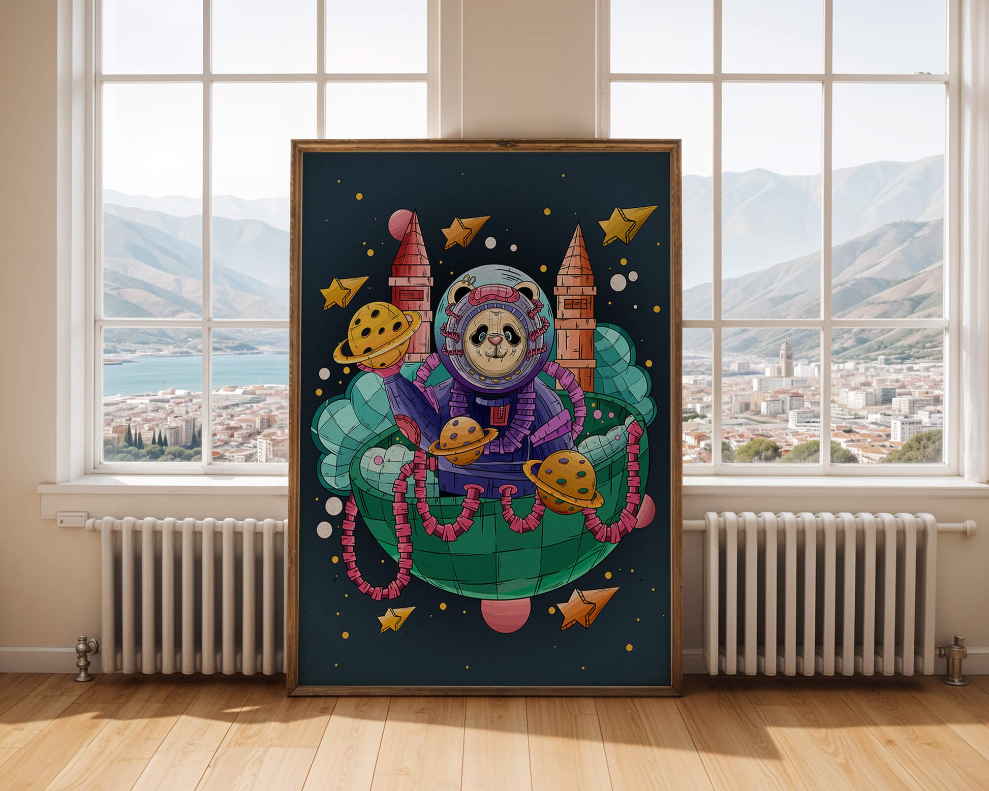 Whimsical space panda illustration with planets and stars