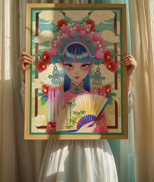 Ilustración elegante inspirada en el arte asiático con tocado elaborado y motivos florales