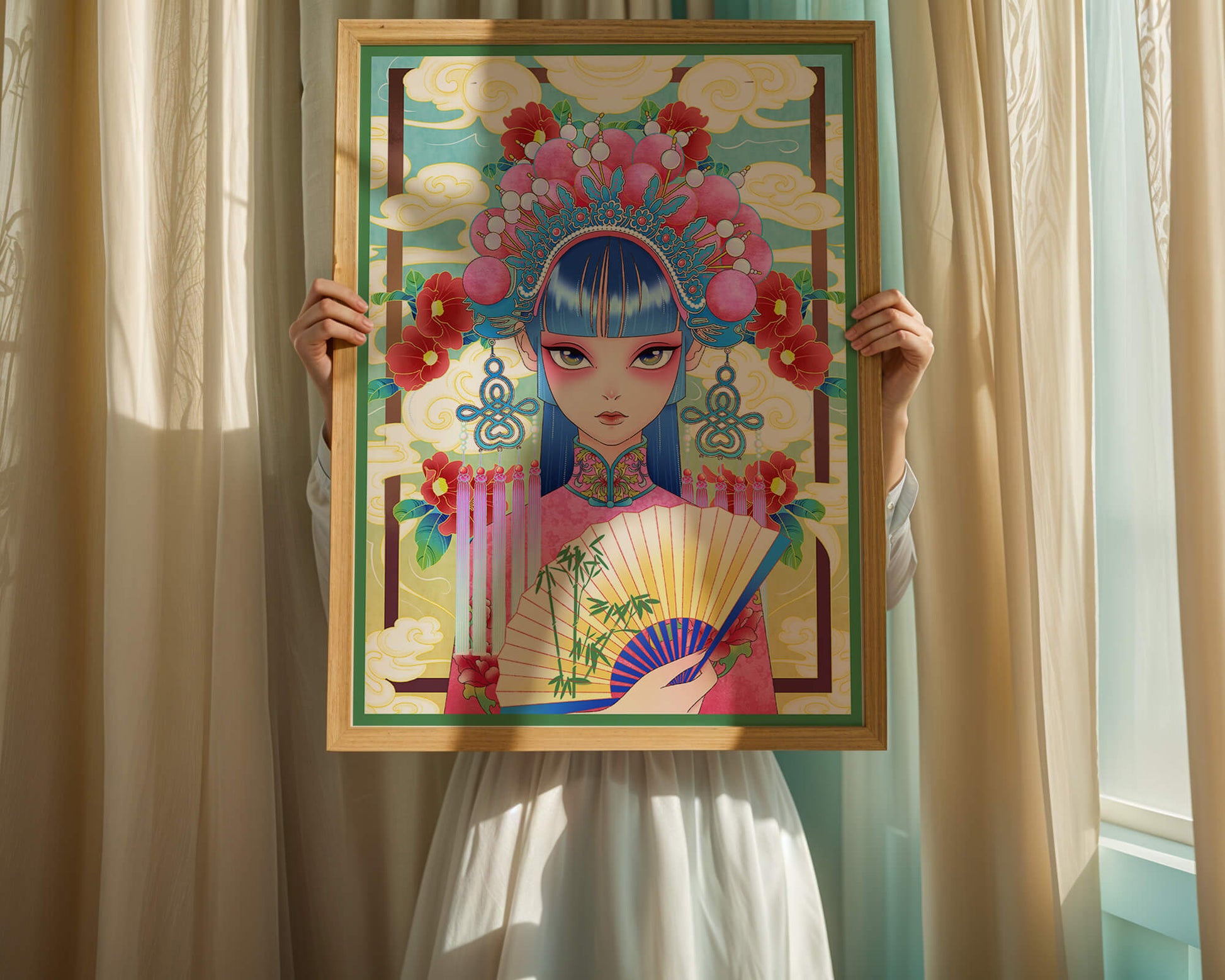 Ilustración elegante inspirada en el arte asiático con tocado elaborado y motivos florales