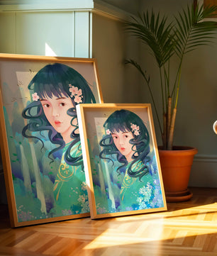 Retrato onírico de una niña con elementos florales y fondo natural