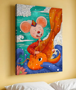 Whimsical illustration of a mouse riding a golden fish in a vibrant fantasy setting