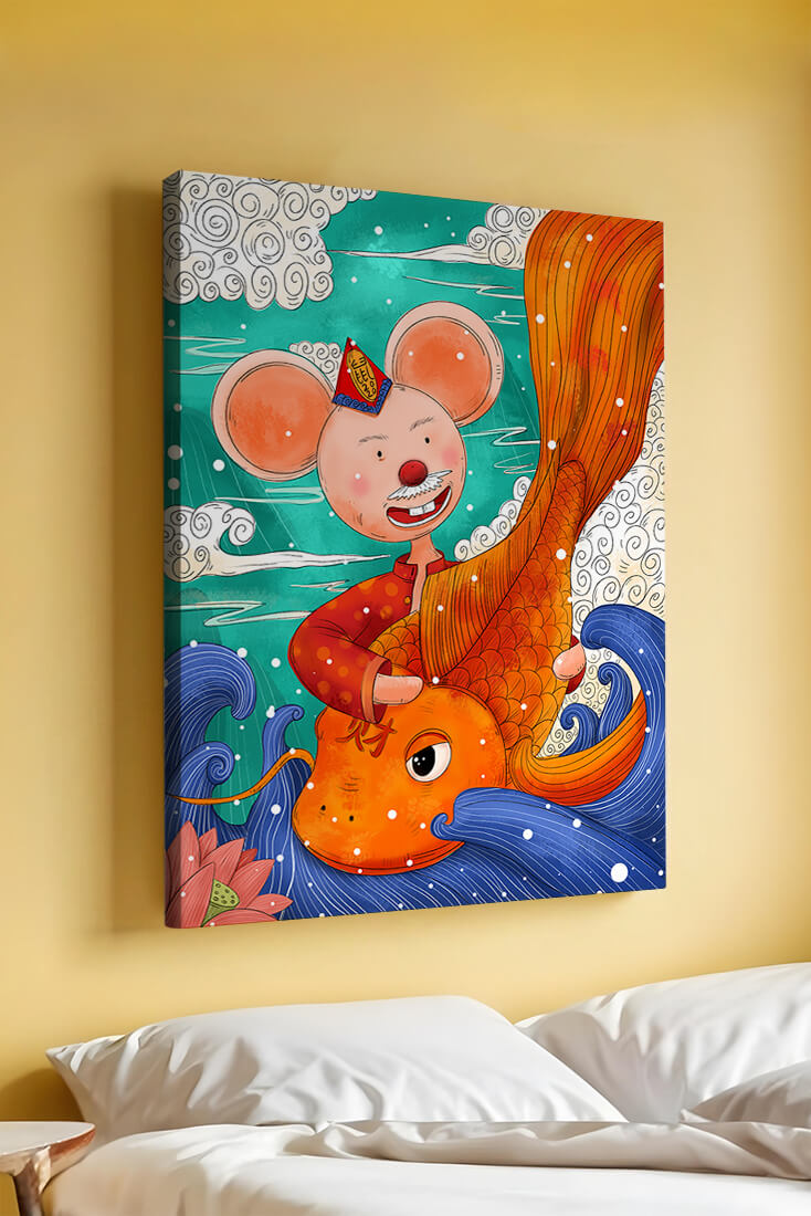 Whimsical illustration of a mouse riding a golden fish in a vibrant fantasy setting