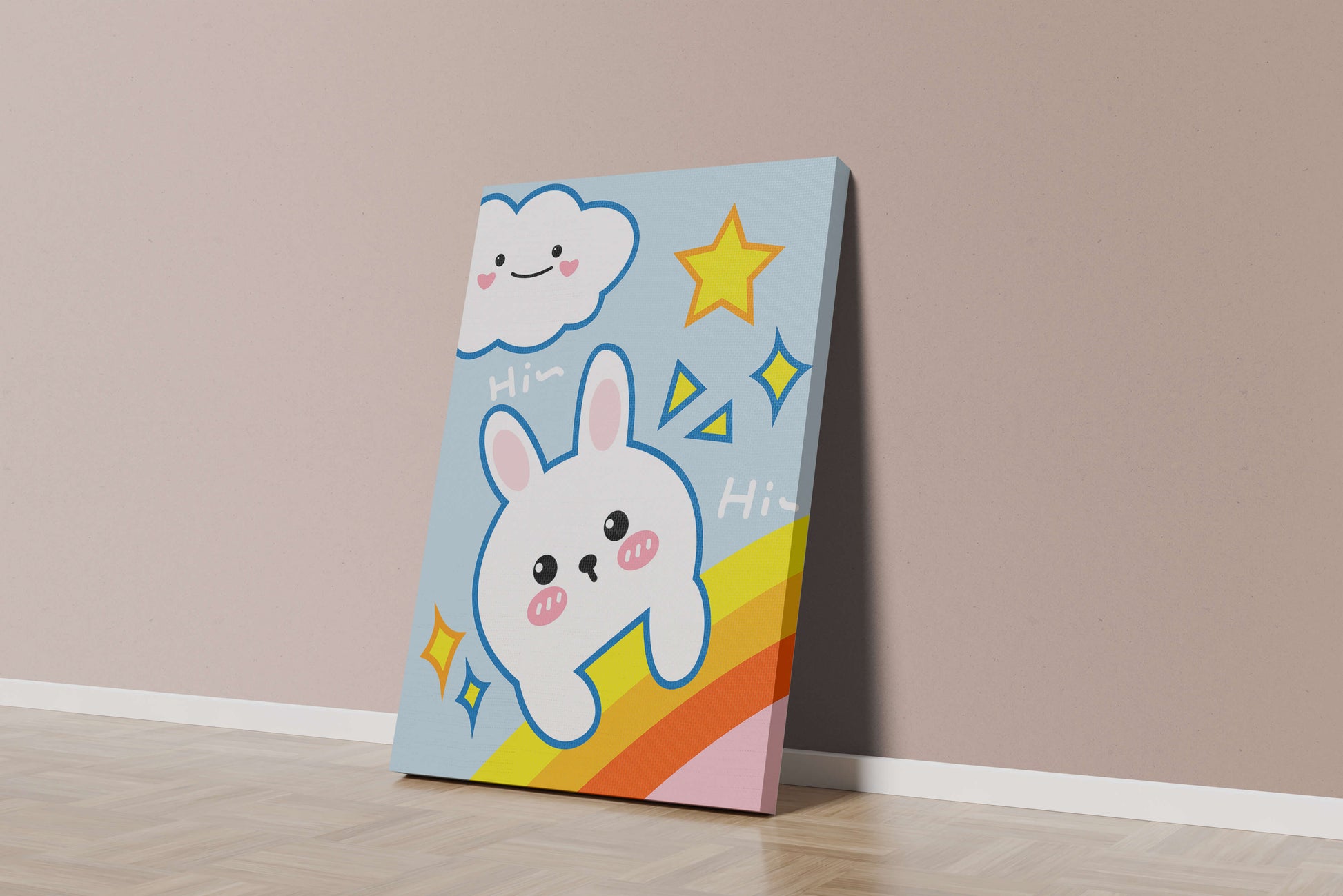 Whimsical cartoon bunny with cloud and rainbow theme