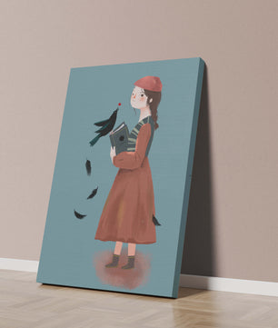 chica en atuendo vintage con pájaro y libro sobre fondo azul