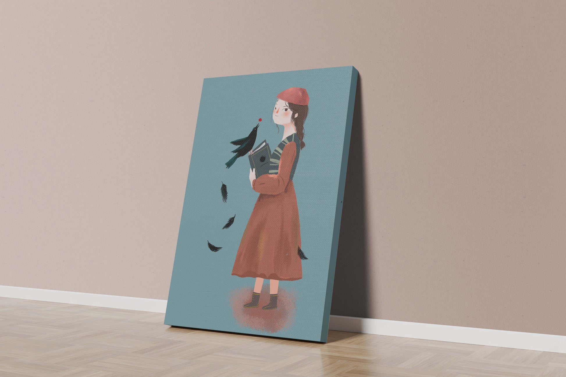 girl in vintage attire with bird and book on blue background