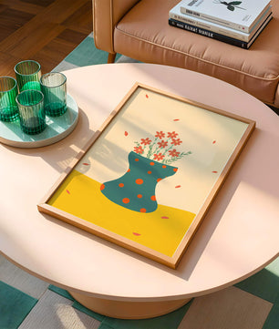 Floral Illustration with Polka Dot Vase on Colorful Background - Mi tienda