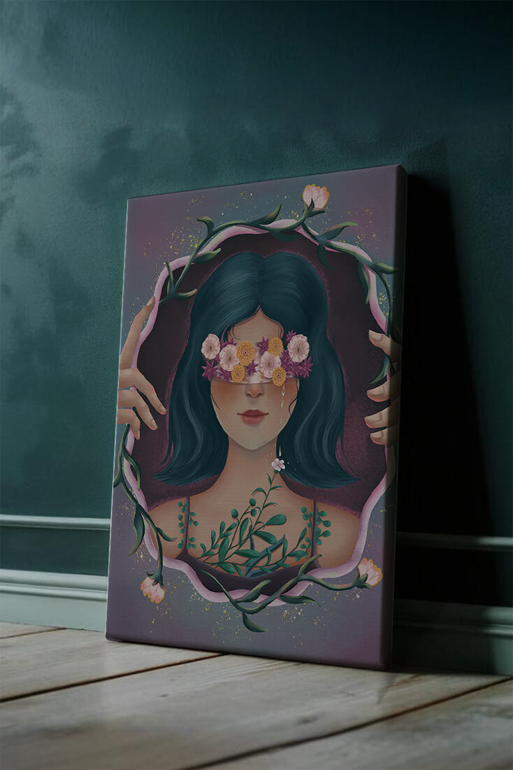 Retrato encantador de una mujer con ojos florales y cabello oscuro