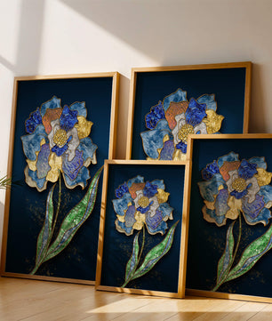 Diseño floral texturizado y colorido con contornos dorados sobre fondo oscuro