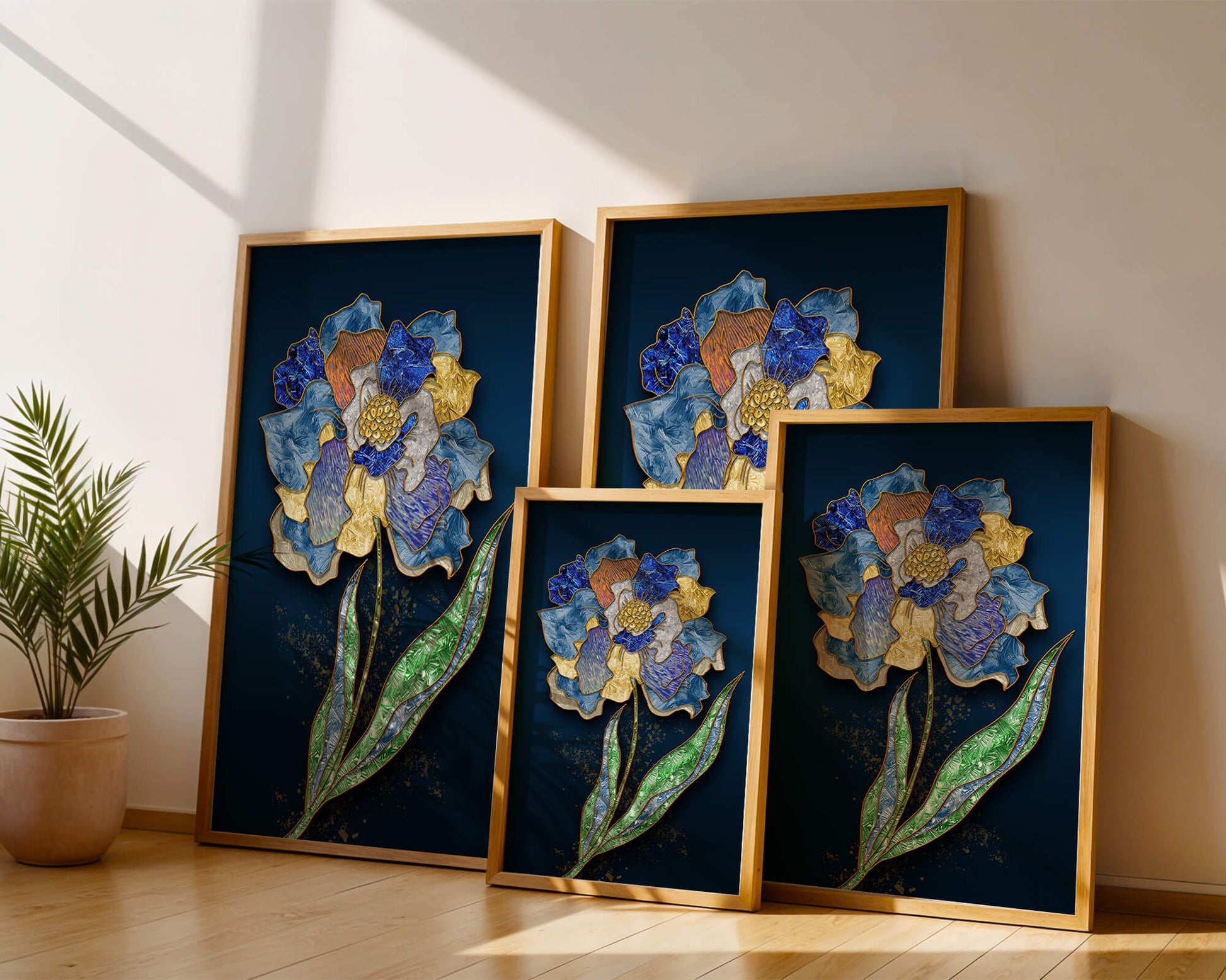 Diseño floral texturizado y colorido con contornos dorados sobre fondo oscuro