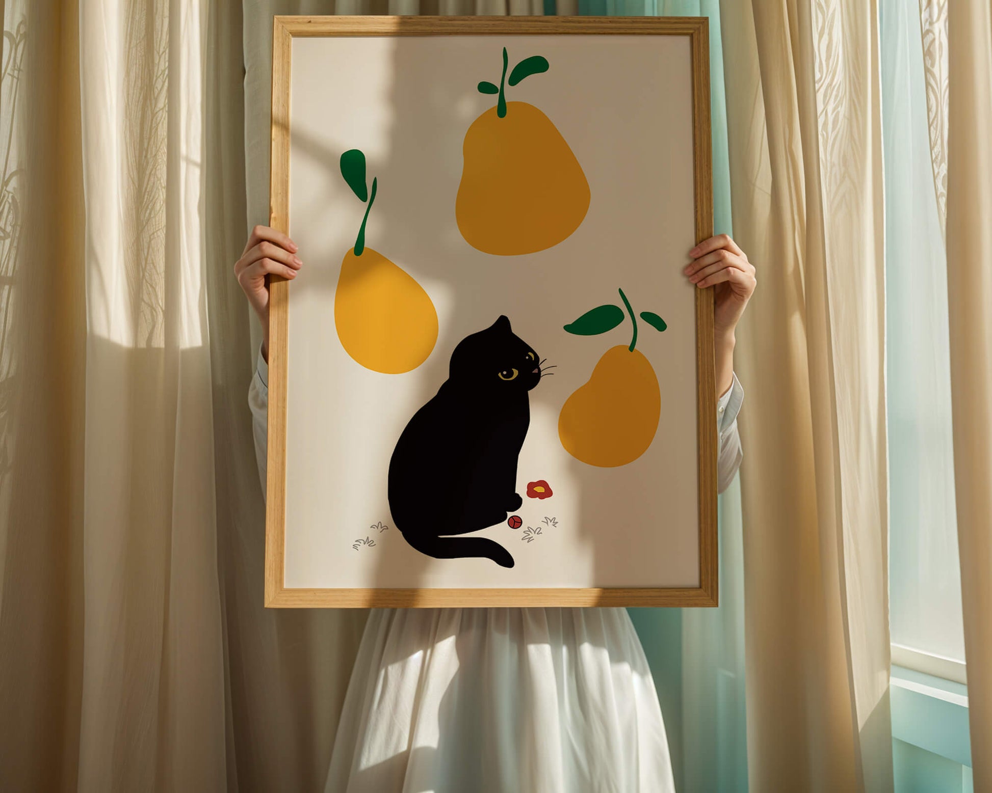 Ilustración de gato negro con peras amarillas y hojas verdes