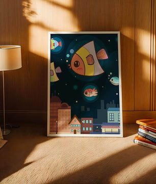 Poisson de dessin animé flottant au-dessus d'une ville nocturne avec des étoiles