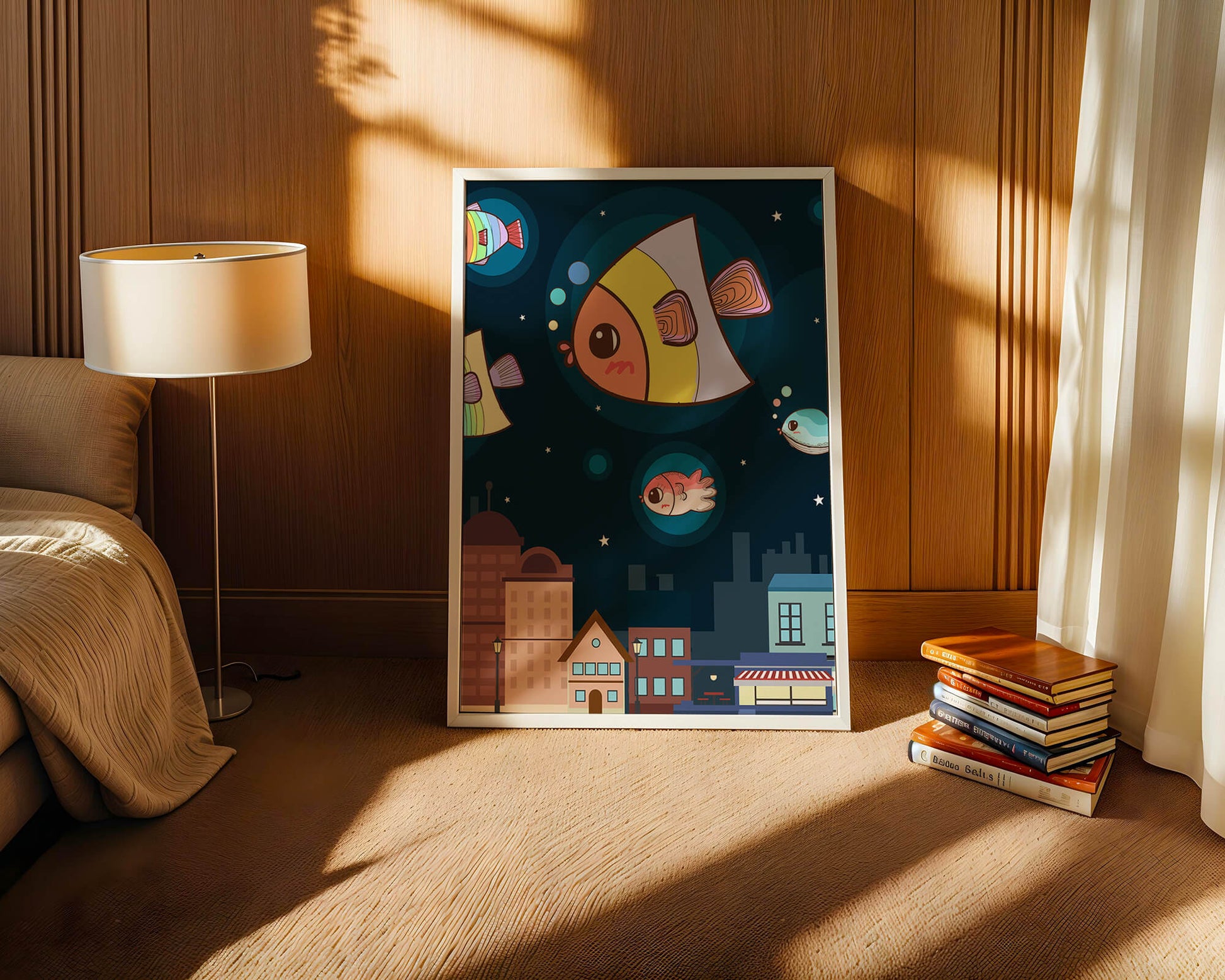 Cartoon Fish Floating Over Night City Scene with Stars